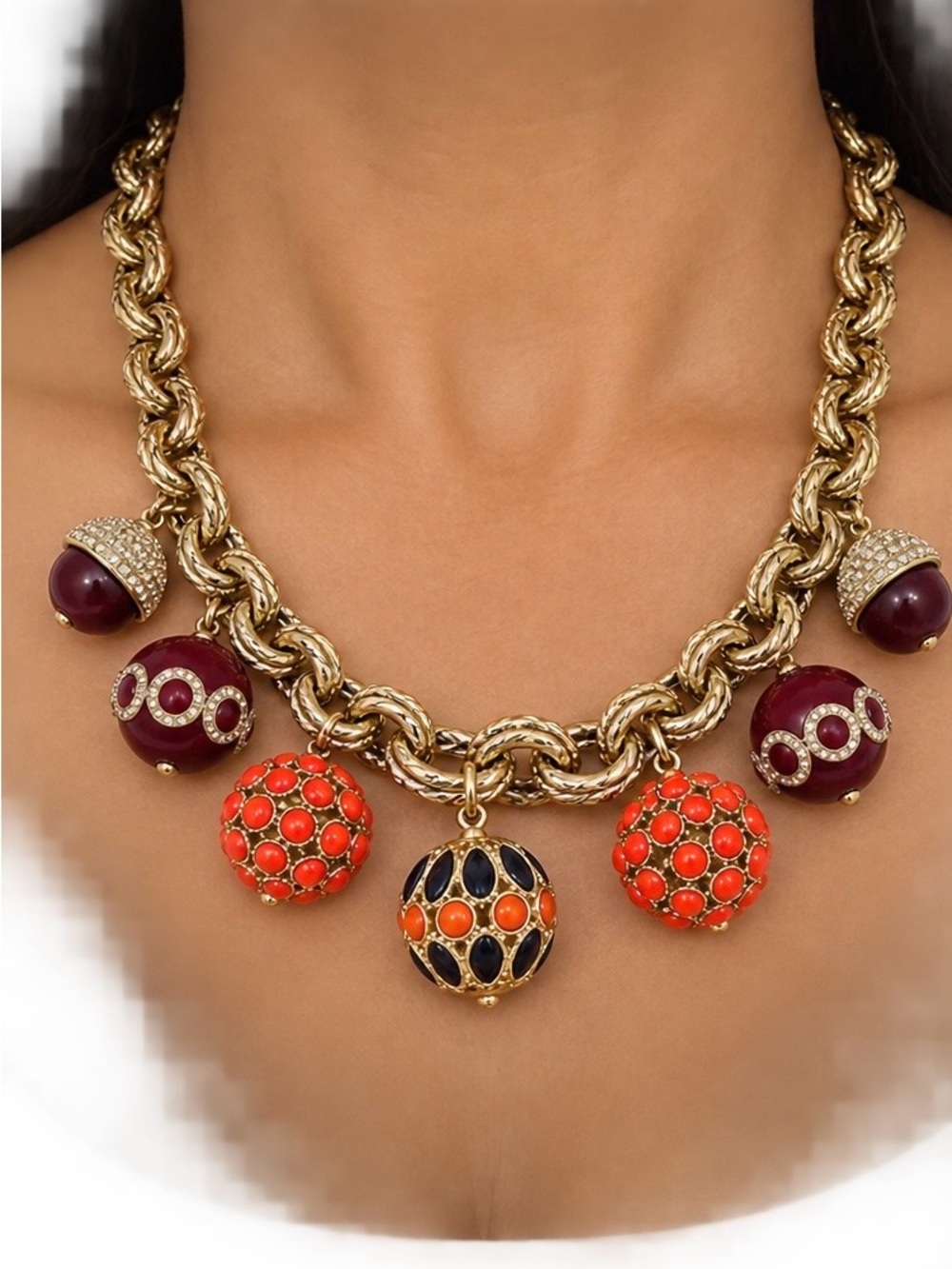 Ann Taylor - Gold-Tone Necklace with Coral-Orange and Deep Burgundy sphere charm